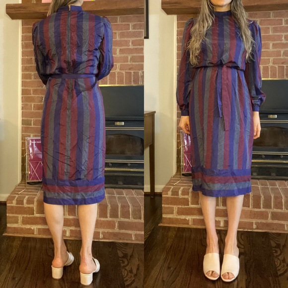Vintage 70s Lawrence Greer High Collar Belted Dress Vertical Stripe Belo… - Picture 2 of 13